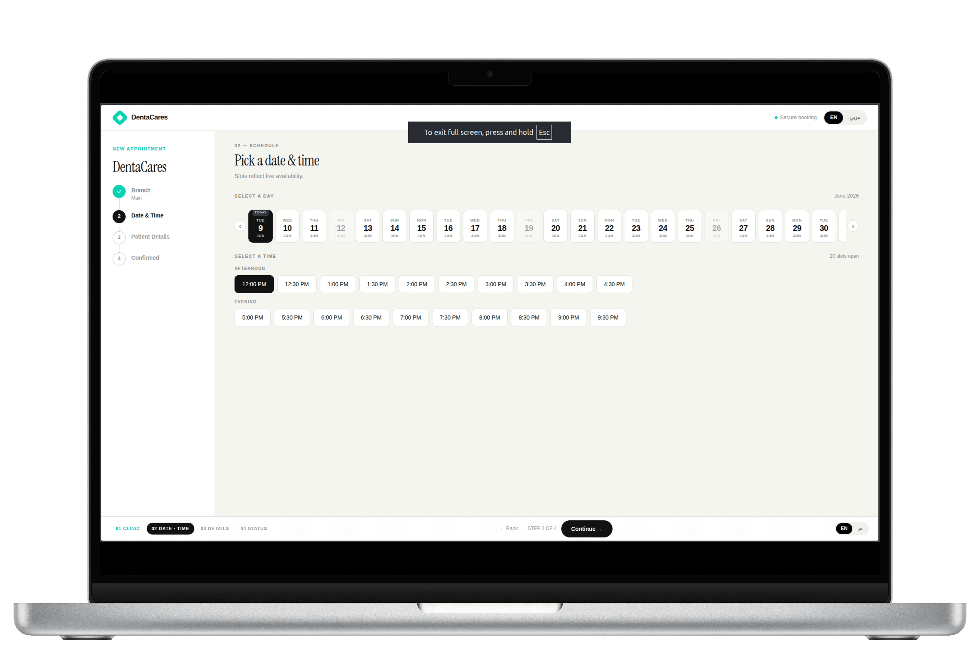 Patient booking page on desktop — choose a service, doctor, and time