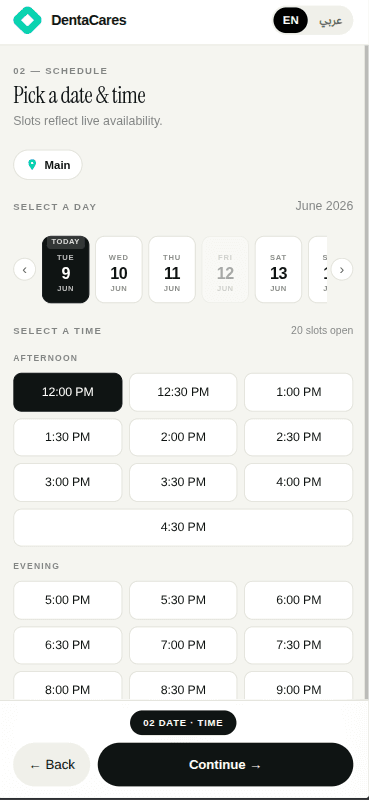 Patient booking page on mobile