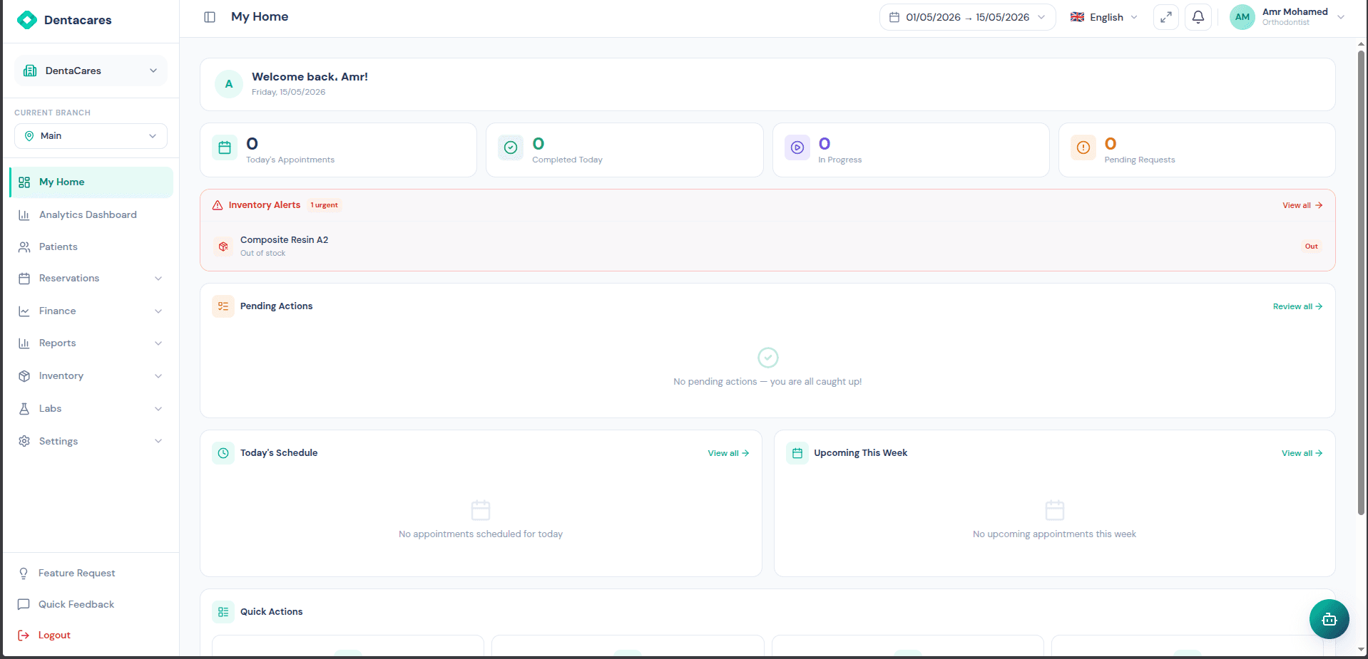 Dentacares dashboard — home screen