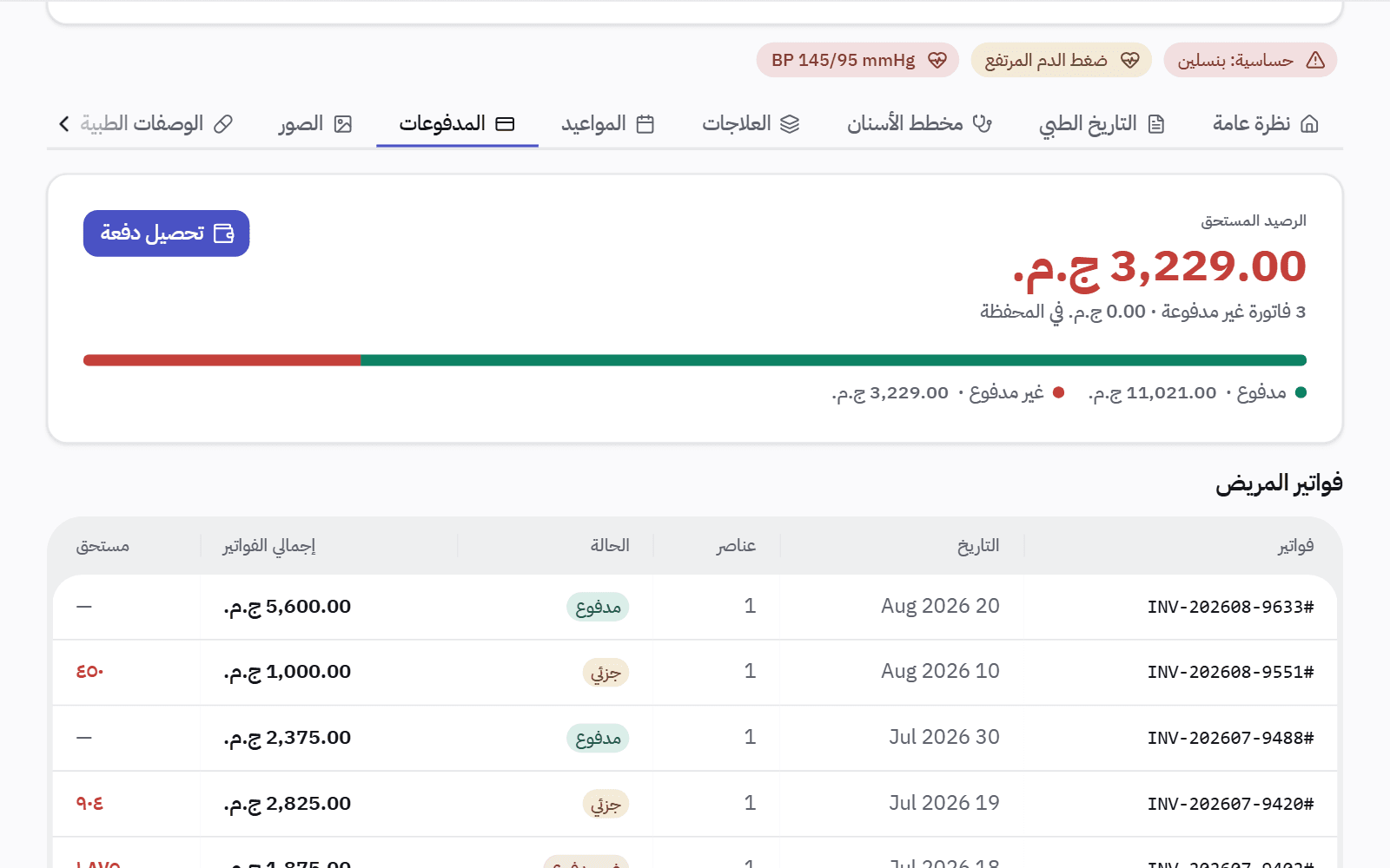 مدفوعات مريض: رصيده المستحق، وما دُفع وما لم يُدفع، وكل فاتورة بحالتها.