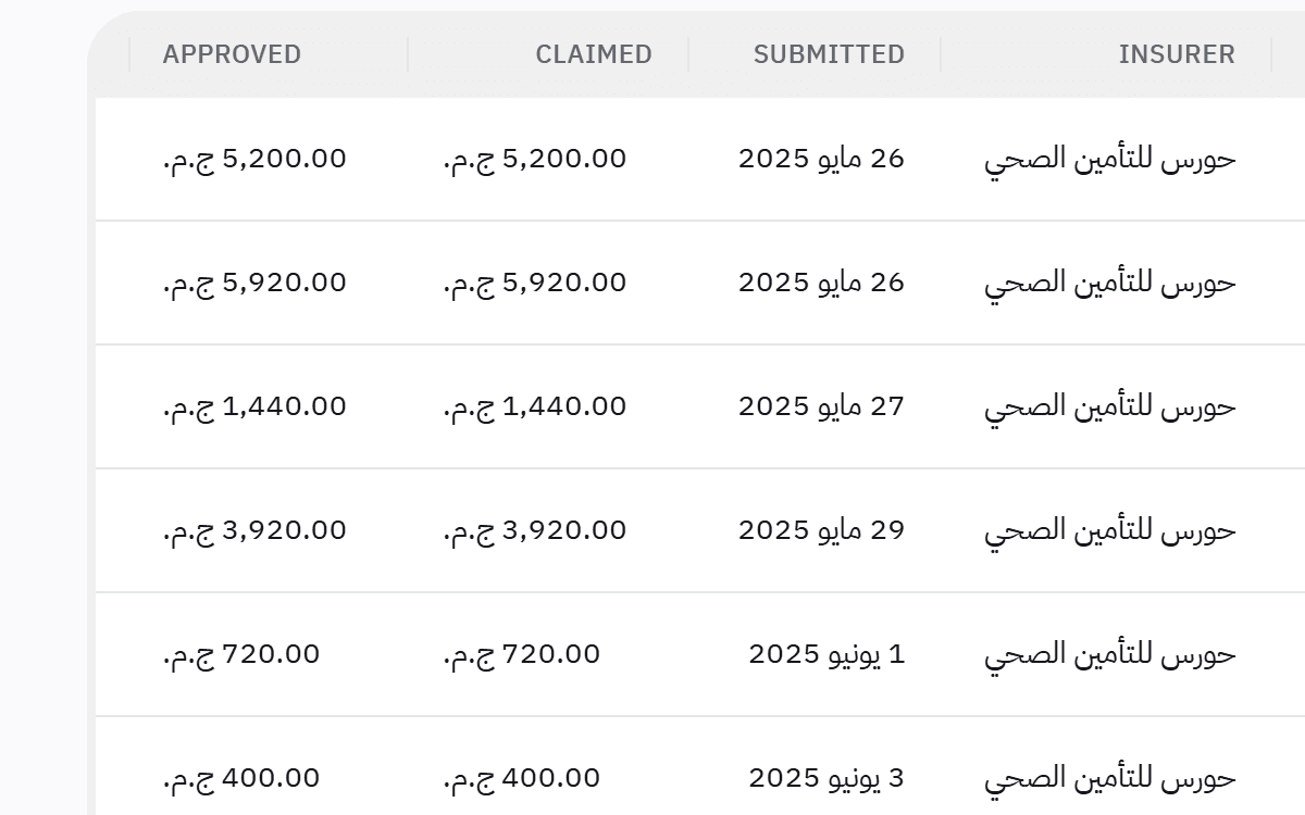 قائمة مطالبات التأمين بها مطالبات مكتملة تنتظر الدفعة الشهرية لكل شركة.