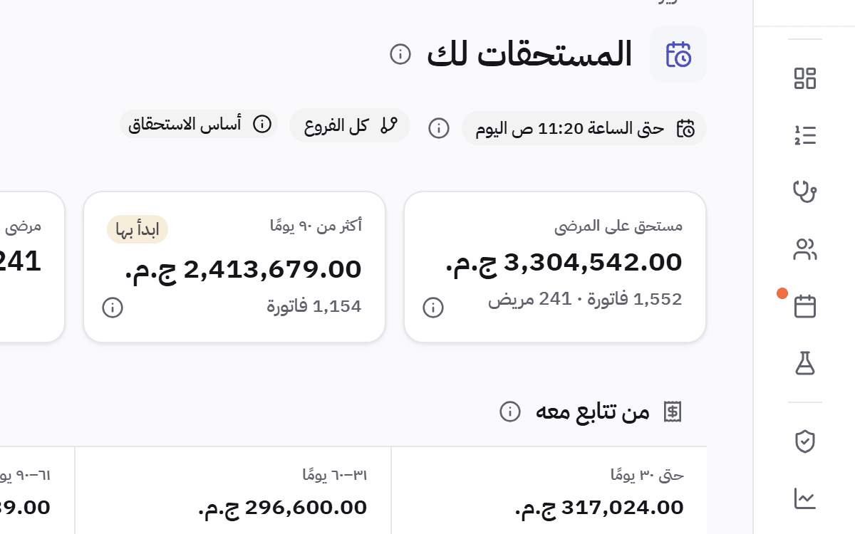 تقرير المستحقات: ما زال على المرضى وشركات التأمين، مقسّمًا حسب مدة التأخير.