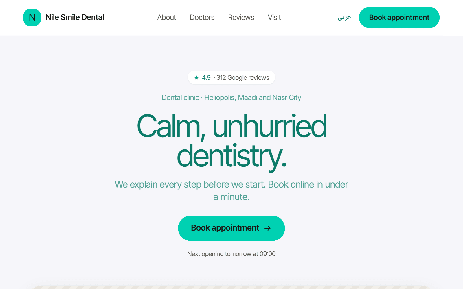 A demo clinic's web page as a patient sees it: the clinic's name, its Google rating, a headline and a Book appointment button.