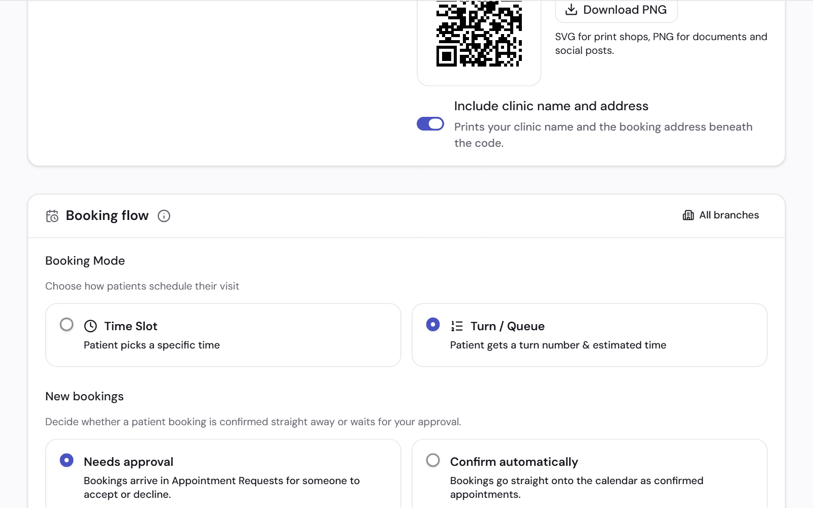 Booking settings: a choice between fixed time slots and turns in a queue, and between approving each booking and confirming it automatically.