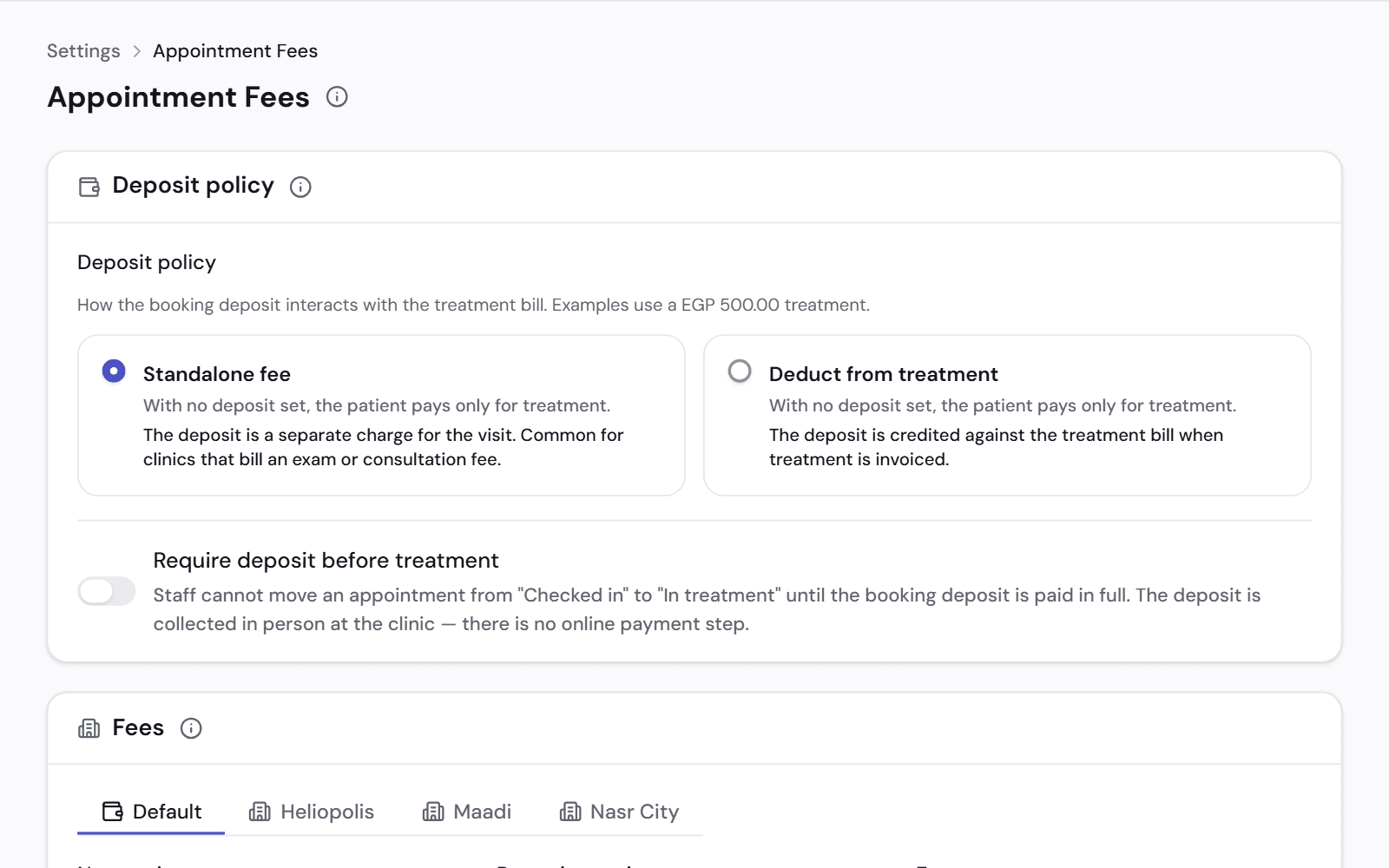 Appointment fee settings: whether the deposit is a separate fee or comes off the treatment bill, and a switch to require the deposit before treatment.