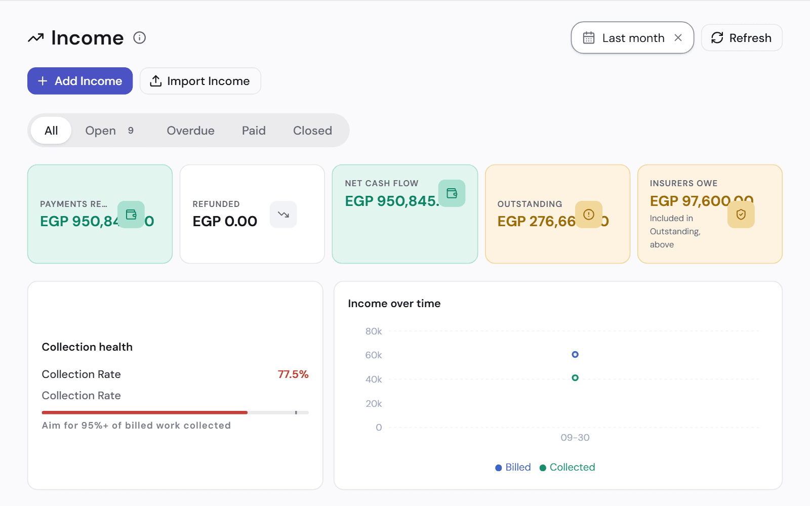 The income page for a month: payments received, what is outstanding, what insurers owe, and the collection rate.