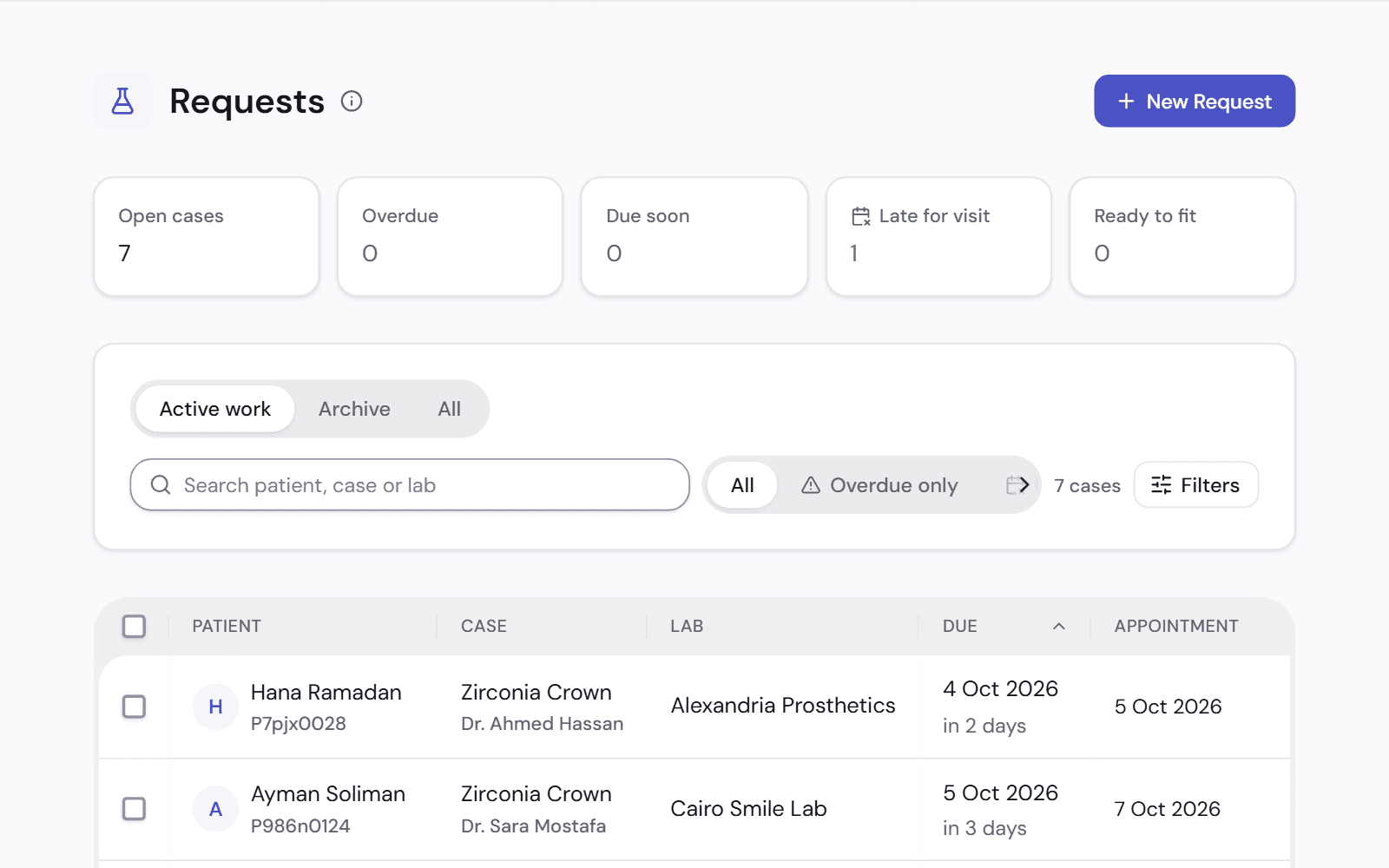 The lab cases list: counters for open, overdue and late-for-visit cases, and each case with its lab, due date and appointment.