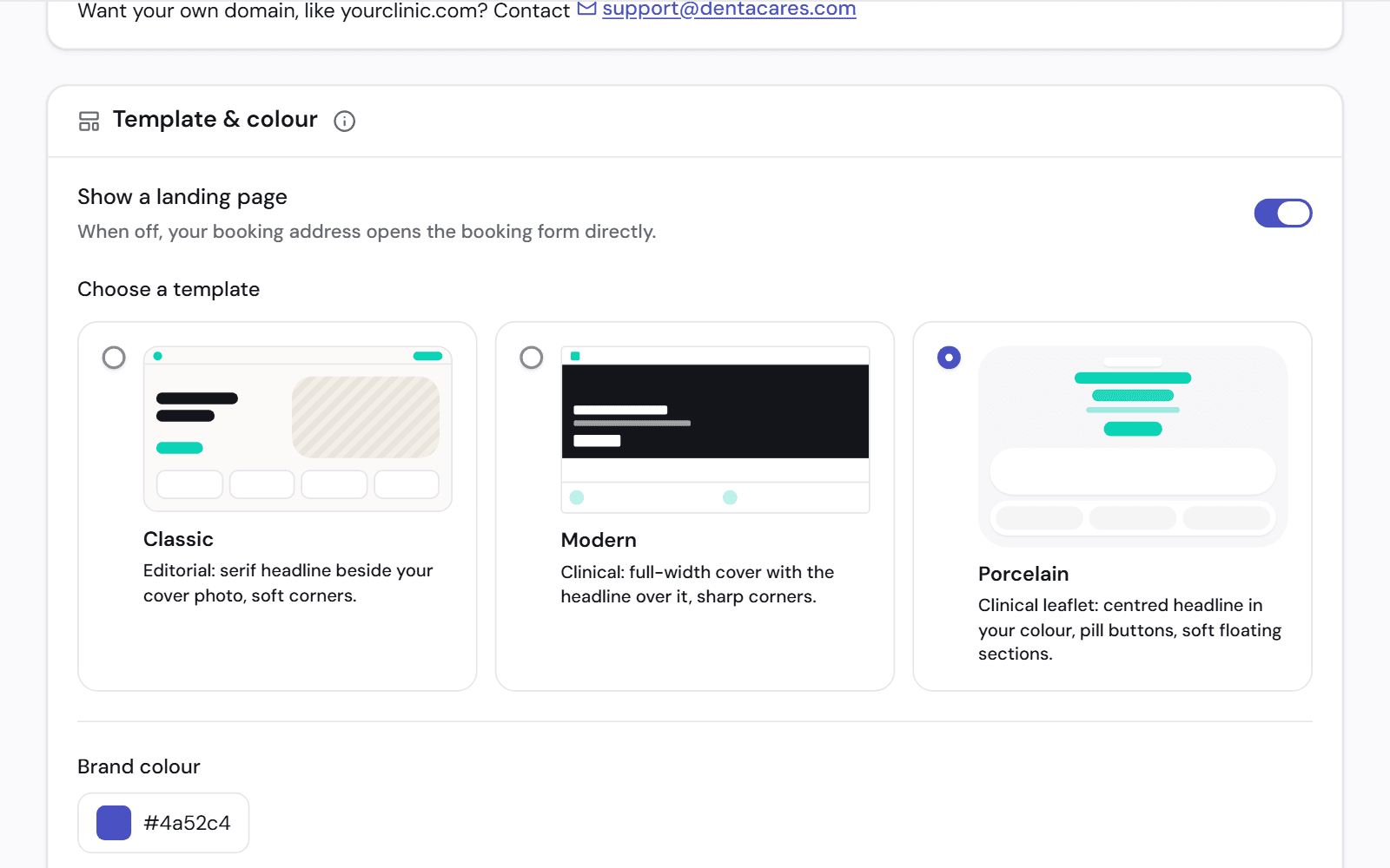 Landing page settings: three page designs to choose from and the clinic's brand colour.