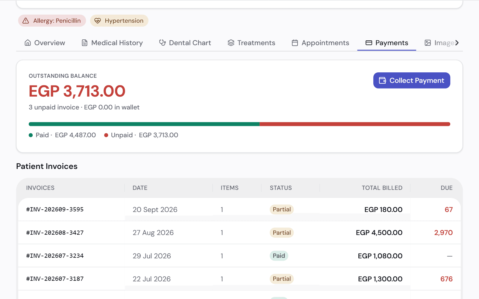 A patient's payments: the outstanding balance, how much is paid and unpaid, and each invoice with its status.
