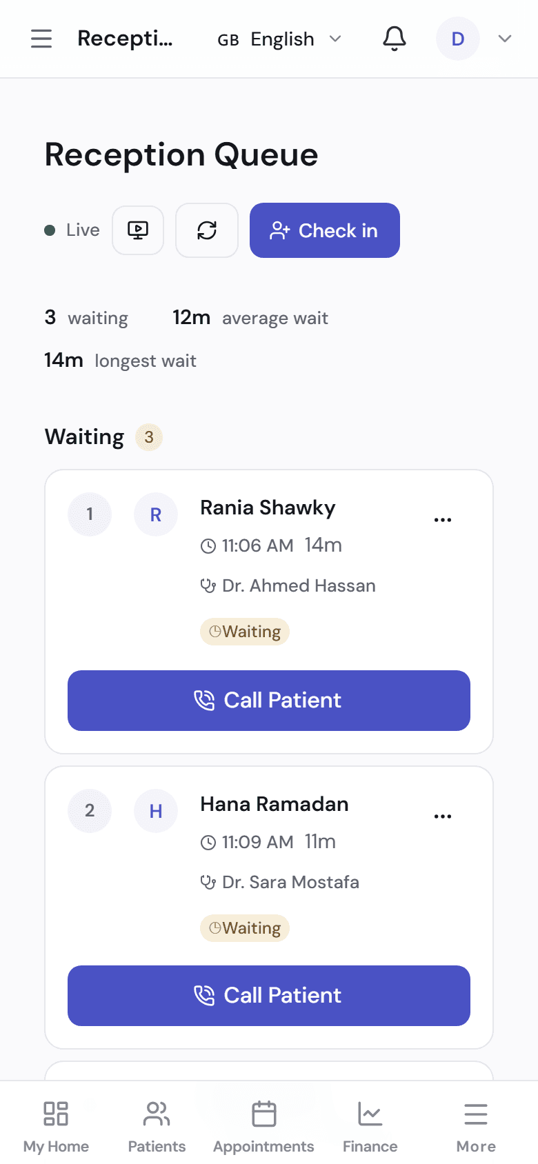 The DentaCares dashboard in Arabic on a phone, showing the reception queue.