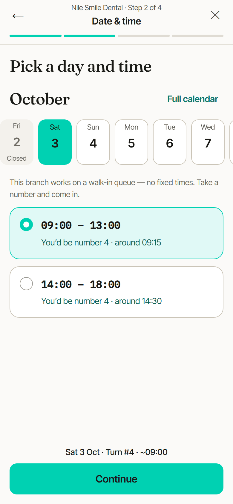 A clinic's booking page on a phone: pick a day, a notice that this branch works by turn with no fixed times, and two shifts each showing the patient's turn number and estimated time.