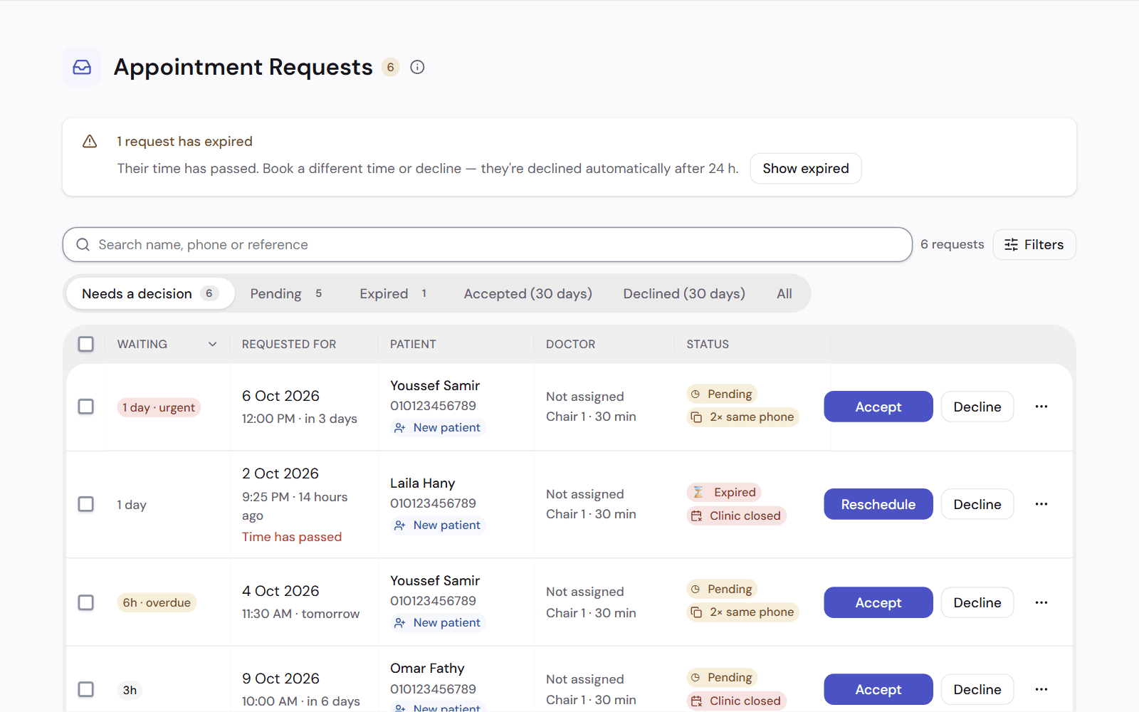 The appointment requests page: six online bookings waiting for a decision, a notice about requests that are out of time or nearly so, tabs for each status, and a table of requests, each with Accept and Decline buttons.