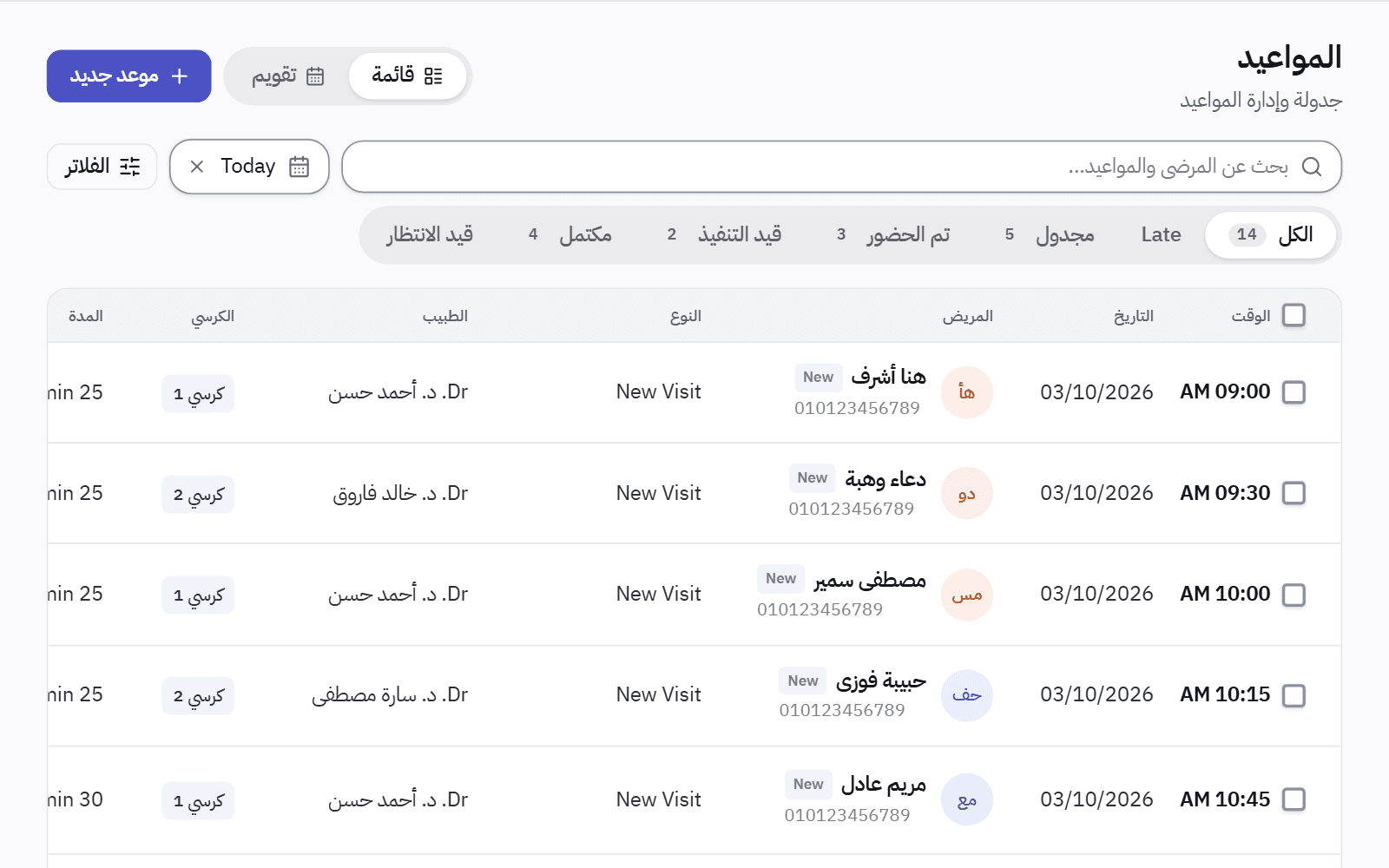 مواعيد اليوم لفرع واحد: كل زيارة بوقتها ومريضها وطبيبها وكرسيها وحالتها.