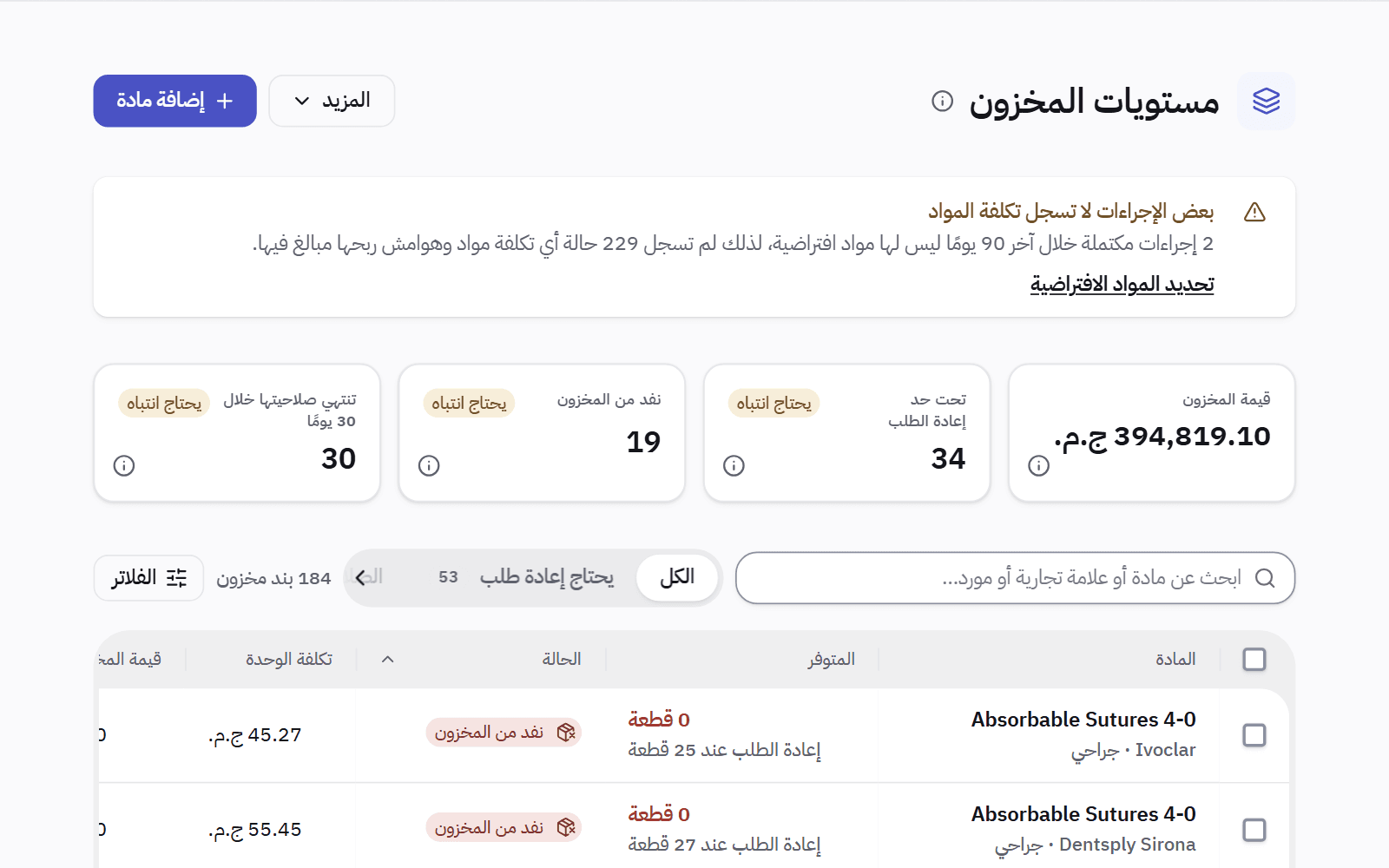 مستويات المخزون لفرع واحد: قيمة ما على الرف، وعدد الخامات تحت حد إعادة الطلب أو النافدة أو القريبة من الانتهاء، وكمية كل خامة.