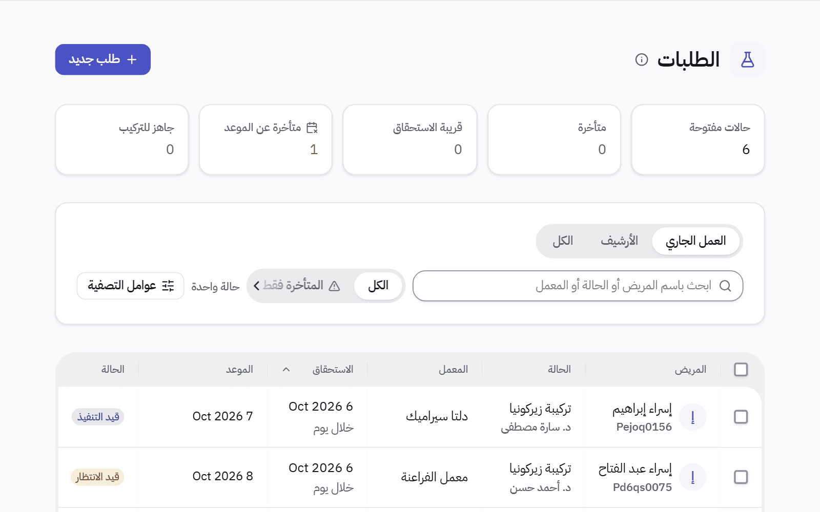 قائمة حالات المعمل: عدادات للحالات المفتوحة والمتأخرة والتي ستتأخر عن الزيارة، وكل حالة بمعملها وموعد تسليمها وموعد المريض.