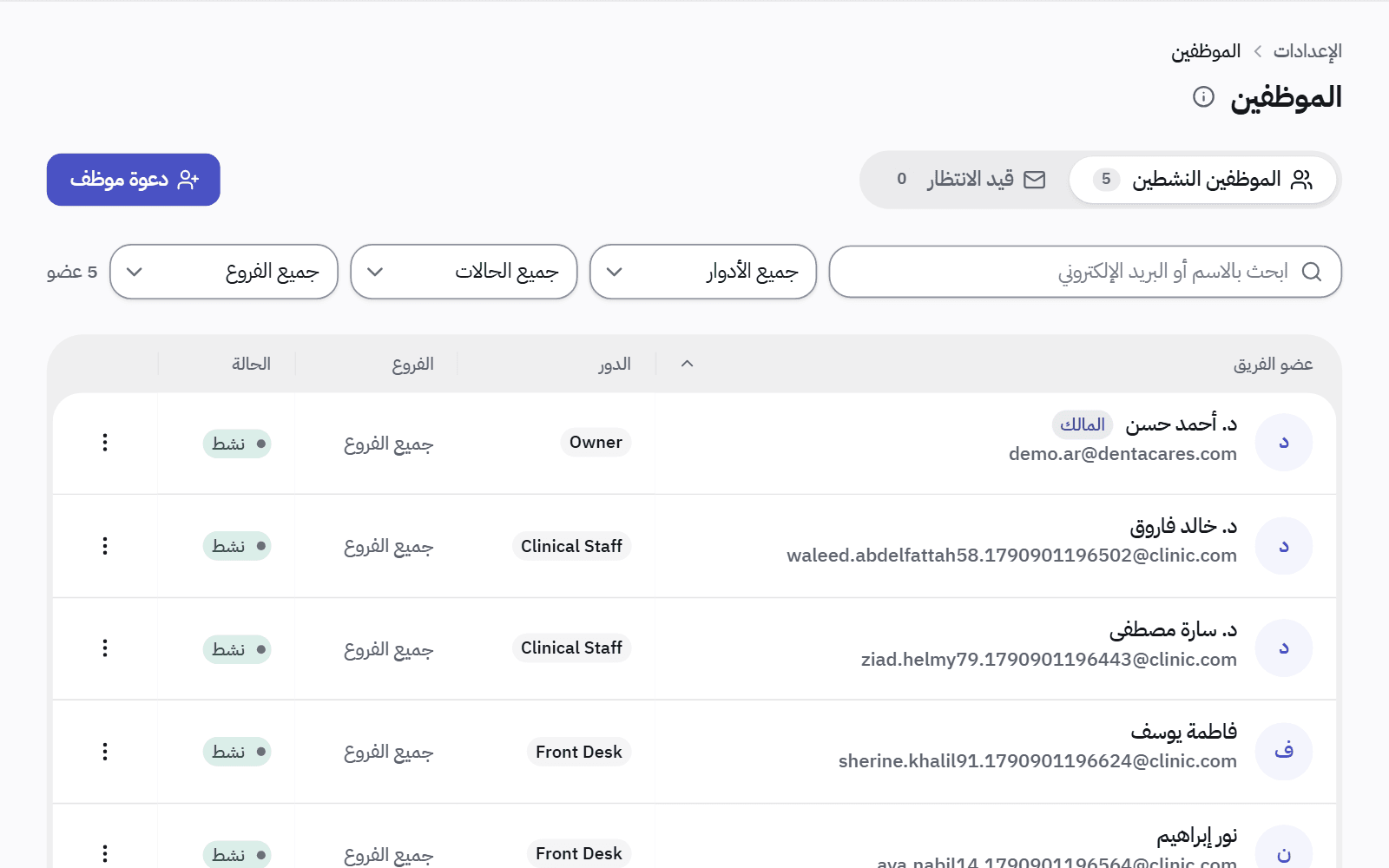 قائمة الموظفين: كل فرد بدوره وفروعه وحالة حسابه، وزر لدعوة موظف.