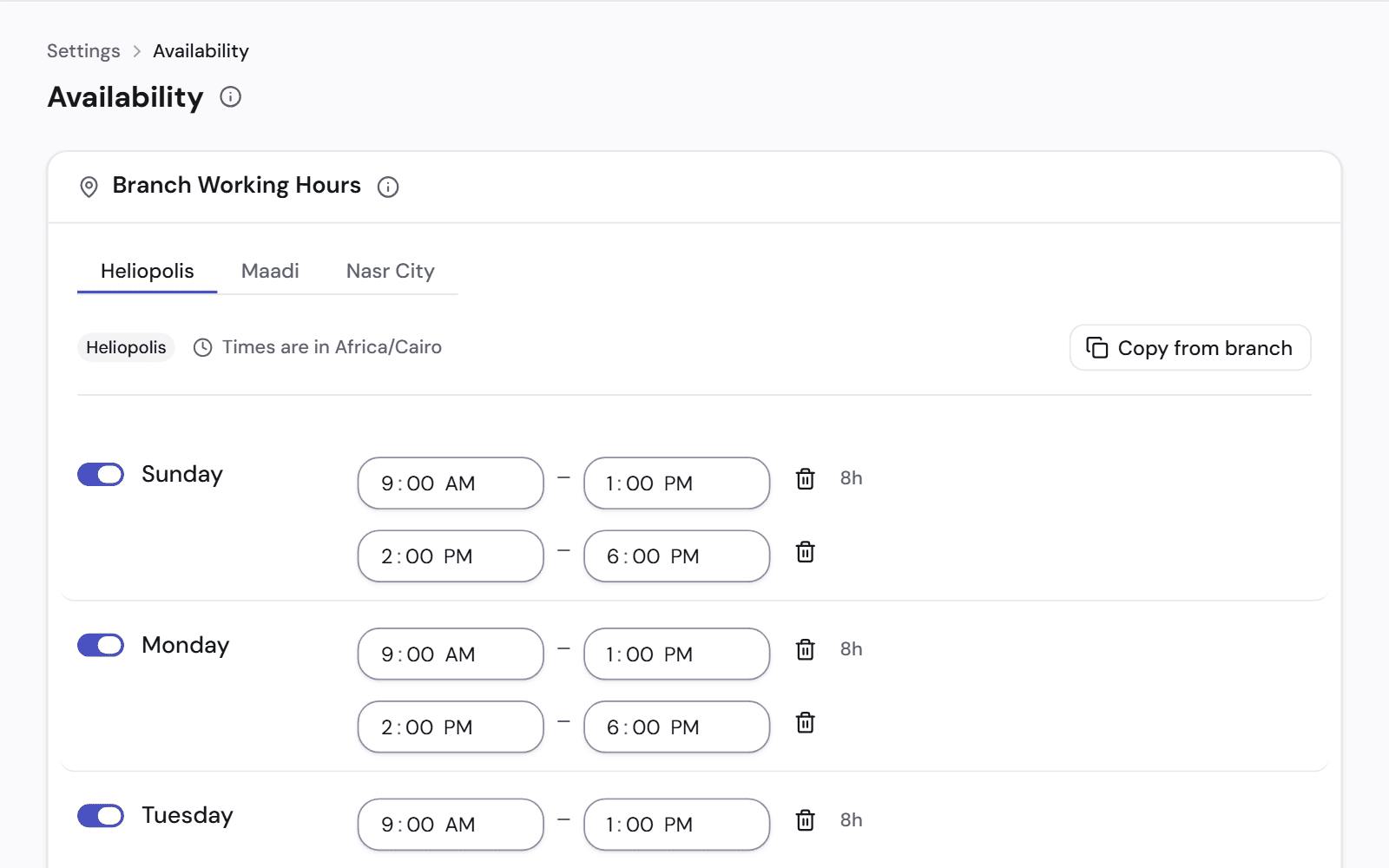 Working hours for one branch: each day with its morning and afternoon hours, and a button to copy them from another branch.