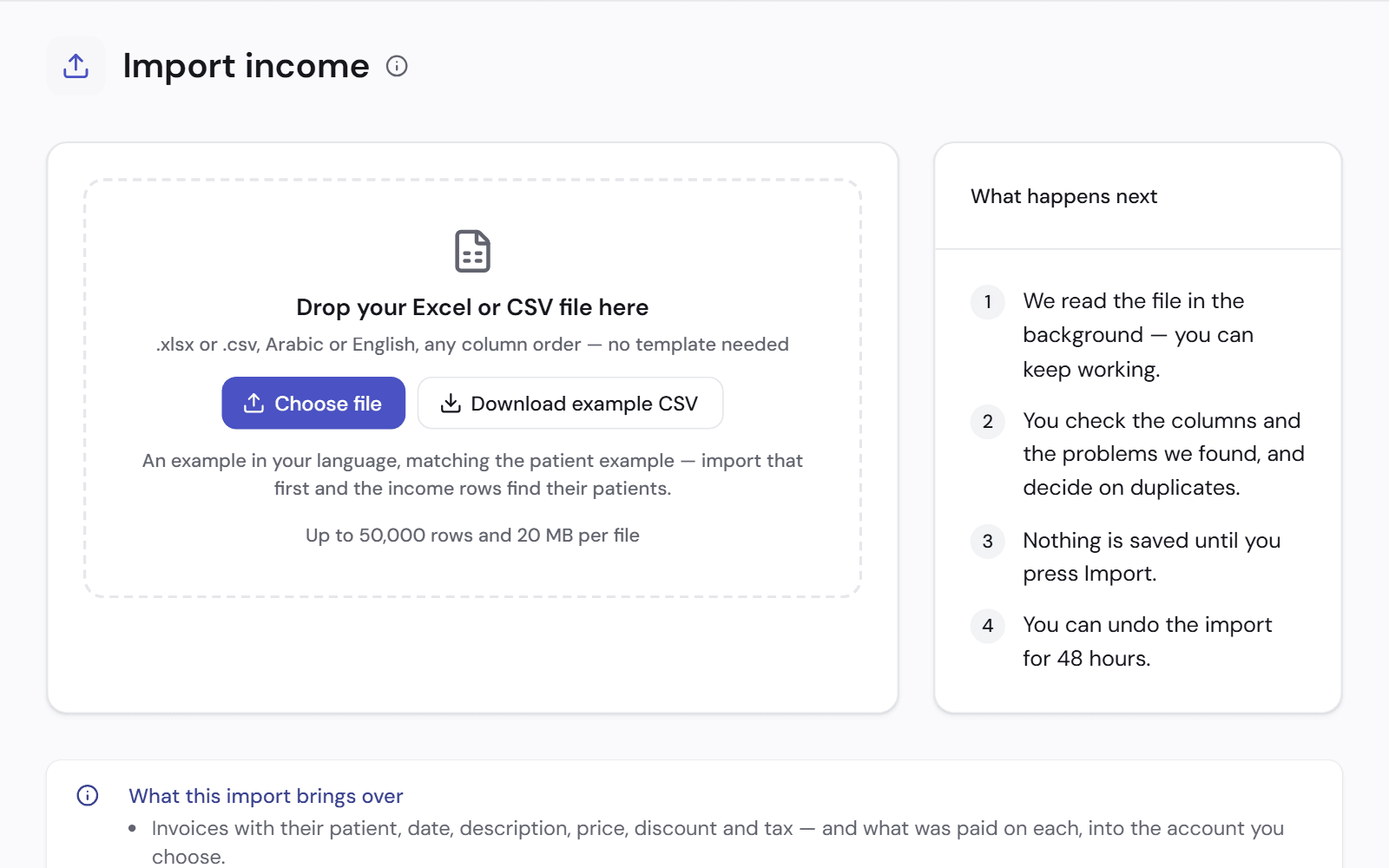 The income import page: a box to drop an Excel or CSV file of invoices and payments, and what happens next.