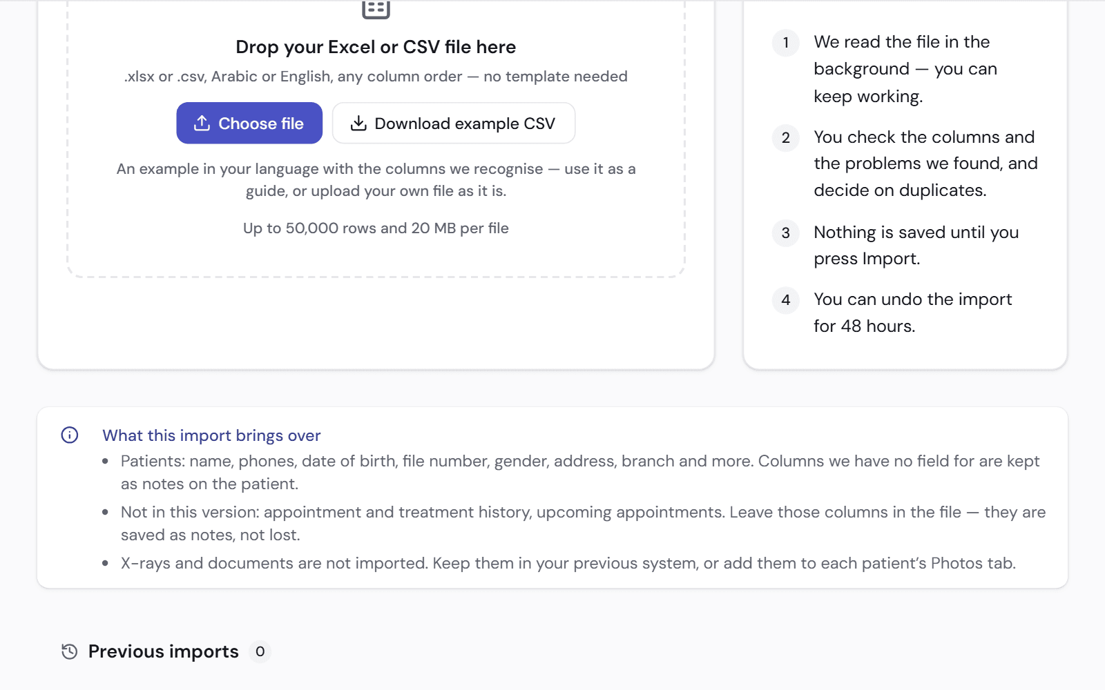 The patient import page's own list of what it brings over and what it does not in this version.