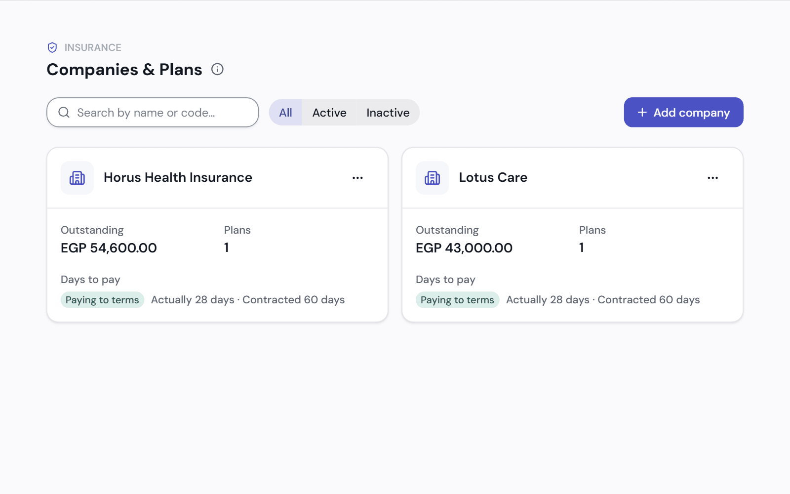 The insurance companies page: each insurer with its outstanding amount, its plans and how many days it actually takes to pay against its contract.