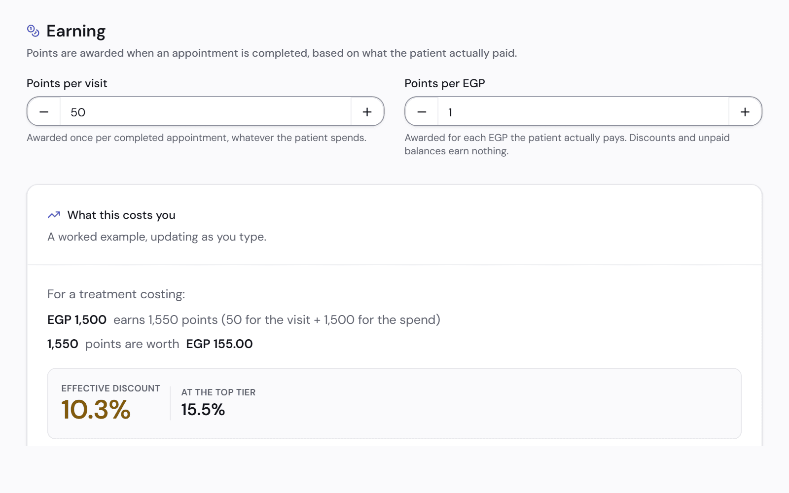 Loyalty settings: points per visit and per amount paid, with a worked example of what the program costs the clinic as a discount.