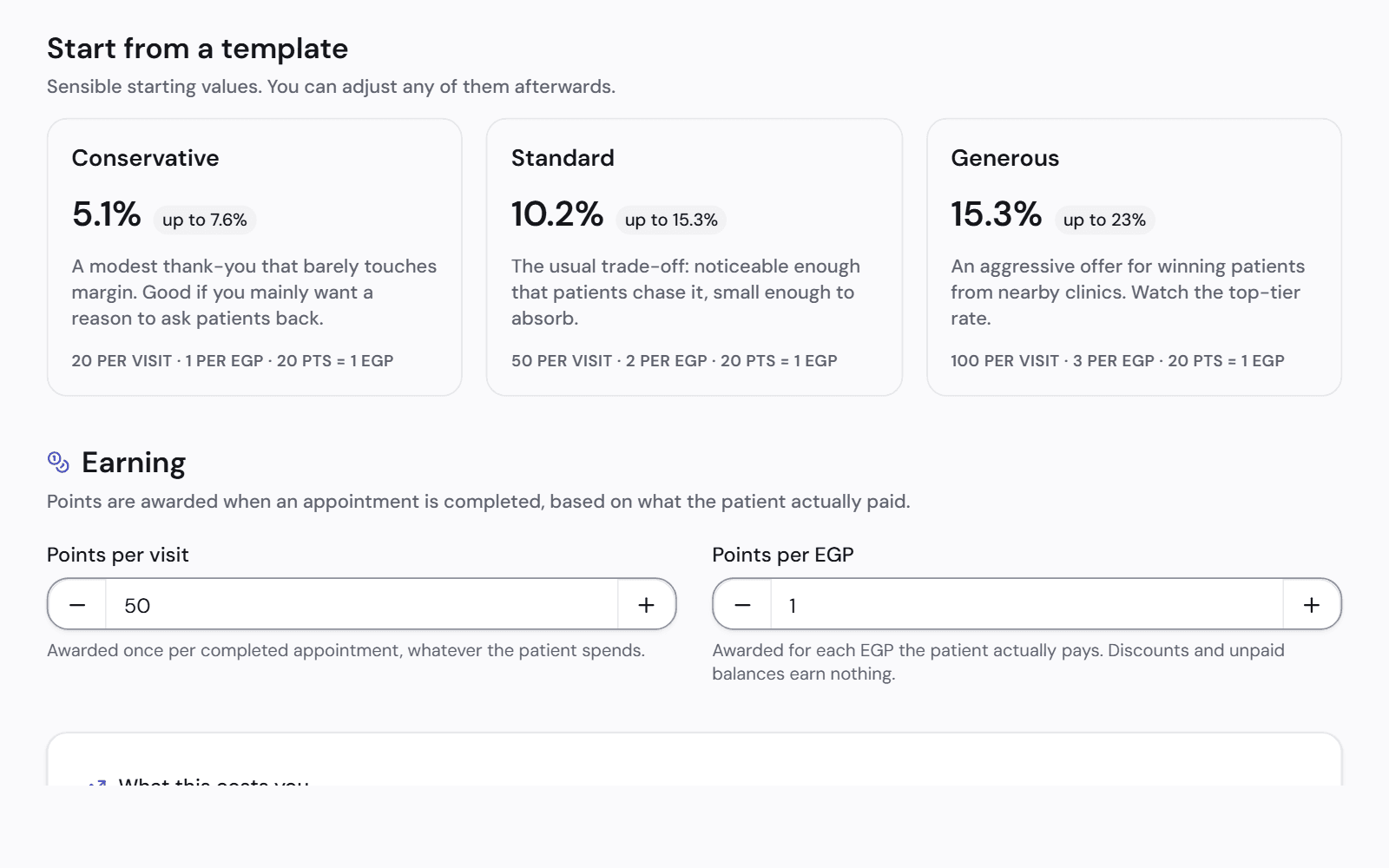 Loyalty settings: three ready templates, conservative, standard and generous, above the points a patient earns per visit and per amount paid.