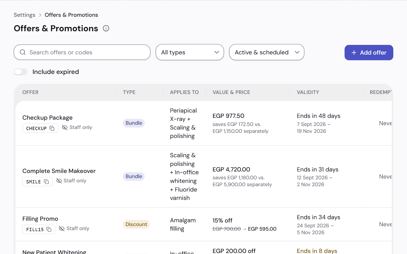 The offers page: bundles and discounts, each with the procedures it covers, its price or percentage and when it ends.
