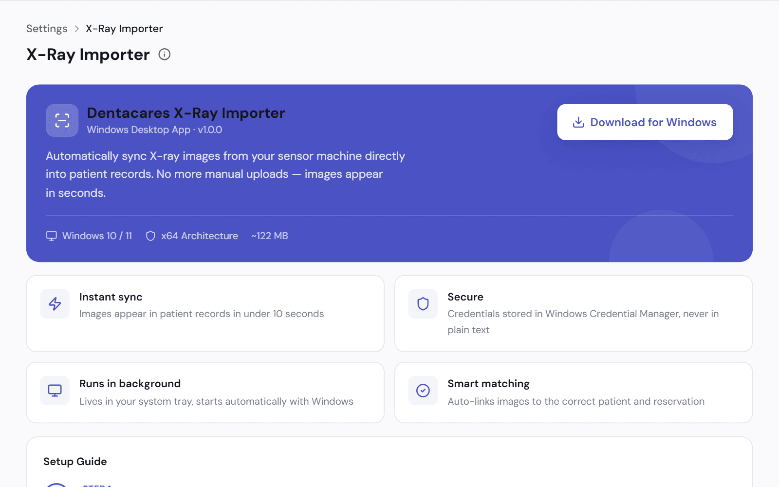 The X-ray importer page: a download for the Windows desktop app, which matches each new image to its patient and runs in the background.